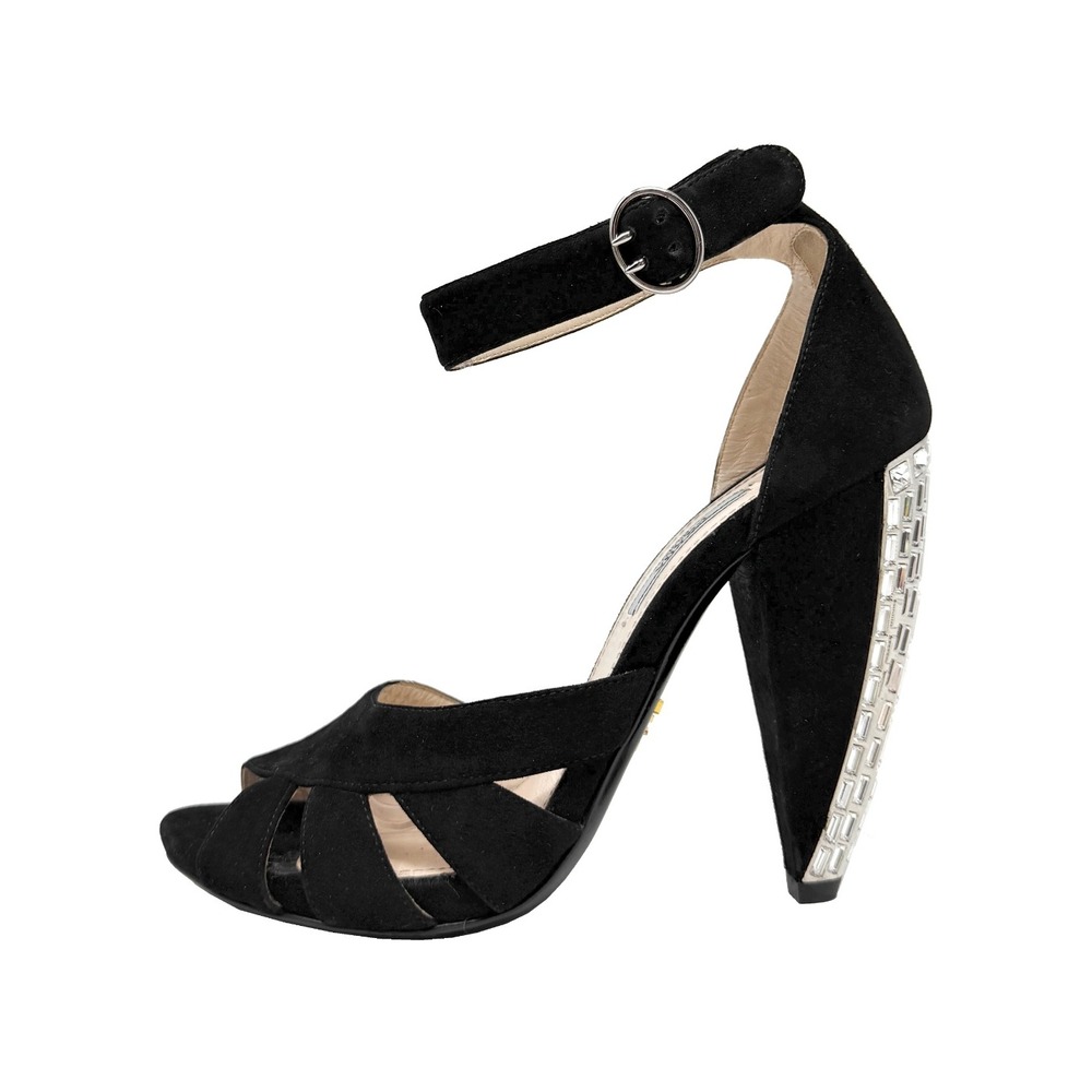 Prada Black Suede Crystal Heel Sandals Ankle Strap Size 38